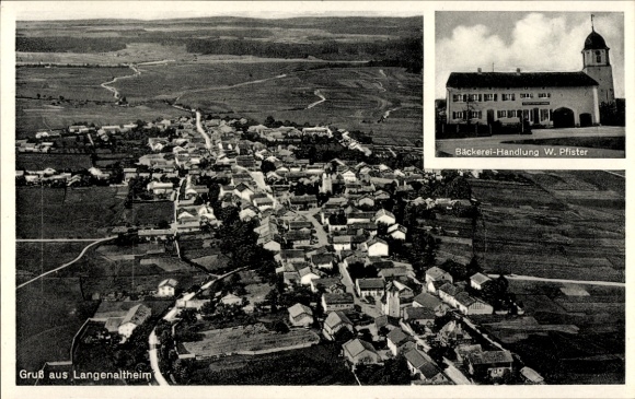 Postcard Langenaltheim in Middle Franconia, aerial photograph, bakery shop W. Pfister