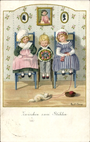 Artist Postcard Ebner, Pauli, Between two chairs, cat playing with ball of wool, boy, two girls