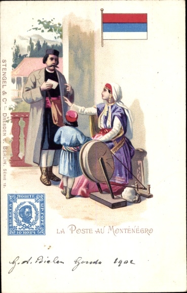 Postage stamps Chromo-Litho The post office in Montenegro, postman, spinning wheel, woman in traditional costume
