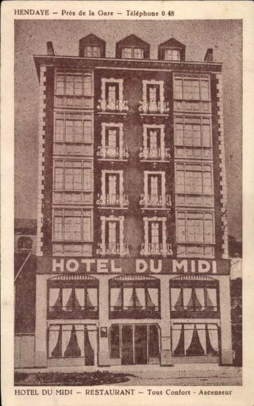 Ak Hendaye Pyrénées-Atlantiques, Hotel du Midi, restaurant, telefoon 0.48, vlakbij treinstation