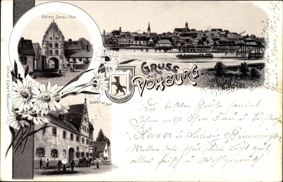 Chromo-Litho Vohburg on the Danube Upper Bavaria, Gasthof zur Post, small Danube gate, coat of arms