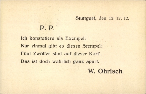 Ganzsachen Ak Stuttgart, 12.12.12, 12. Dezember 1912, Postamt No. 12, Gedicht