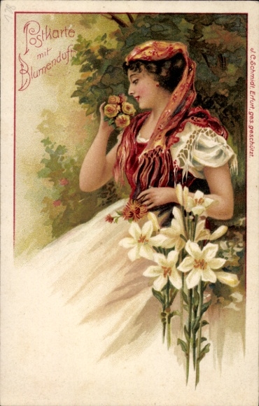 Chromo-Litho woman with headscarf, lilies