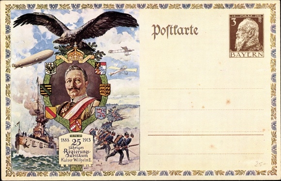 Ganzsachen Ak Kaiser Wilhelm II., 25 jähriges Regierungsjubiläum, Zeppelin, Kriegsschiff