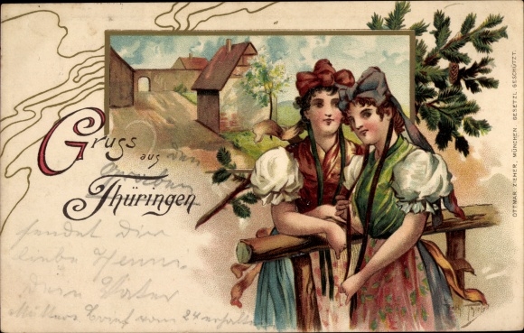 Litho Thüringen, zwei Frauen in Tracht an einem Zaun