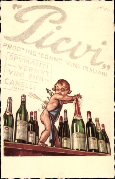 Artist Postcard Picui, champagne bottles, bar, angels, apron, Spumanti, Vermut, Vini Fini, advertising