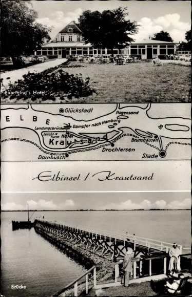 Postcard Elbinsel Krautsand Drochtersen, Buhrfeinds Hotel, bridge, map