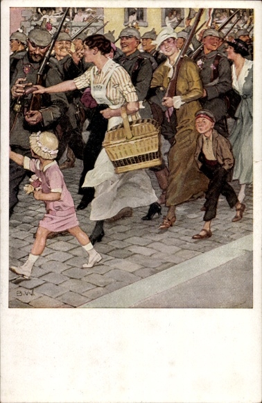 KP artystyczna Wennerberg, Bruno, maszerujący, żołnierze, kobiety, dzieci