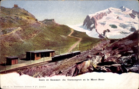 Postcard Zermatt Canton Valais, Gornergrat, Gare et Sommet, Train, Mont Rose, Monte Rosa