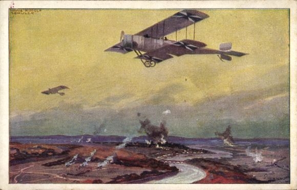 Artist Postcard Schulze, Hans Rudolf, Military biplane on reconnaissance flight on the Marne, I. WK