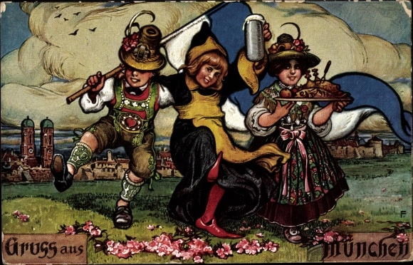 Artist PC greetings from the Oktoberfest, Munich Kindl, beer, lederhosen, dirndl