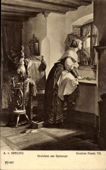 Ak Altfriedstein Niederlößnitz Radebeul, A. v. KRELING Goethe's Faust VII, Gretchen aan het spinnewiel