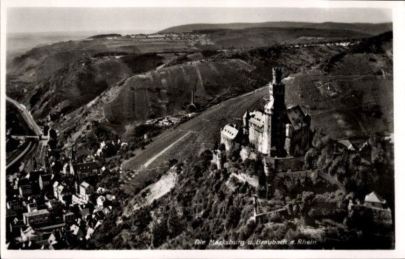 Postcard Braubach am Rhein, Marksburg, aerial photograph
