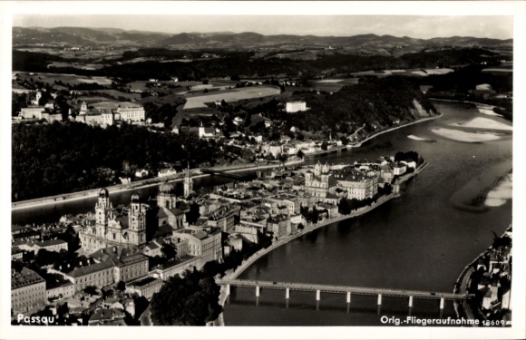 Postcard Passau in Lower Bavaria, panorama, aerial photograph