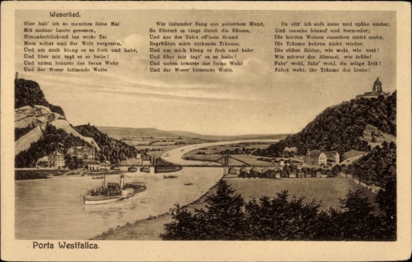 Ansichtkaart Porta Westfalica aan de Wezer, landschap met Wezer, brug, bomen, bergen, gedichttekst