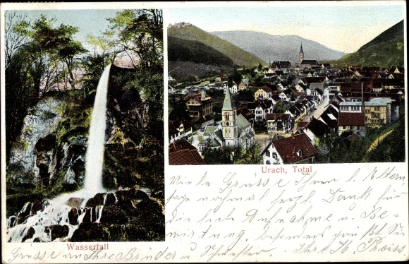 Postcard Bad Urach in the Swabian Alb, waterfall, total view of the village