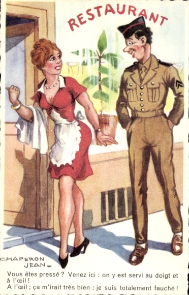 Artist Postcard Jean, Chaperon, French soldier with waitress