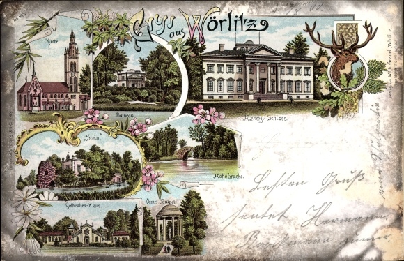 litho Oranienbaum Wörlitz in de wijk Wittenberg, kerk, kasteel, gotisch huis, Venustempel