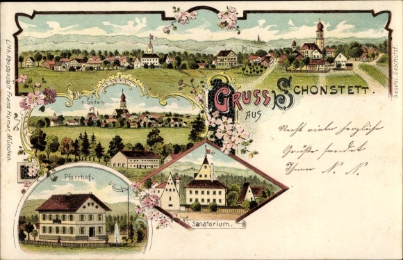 Chromo-Litho Schonstett Schonstätt Upper Bavaria, Sanatorium, Pfarrhof, total view