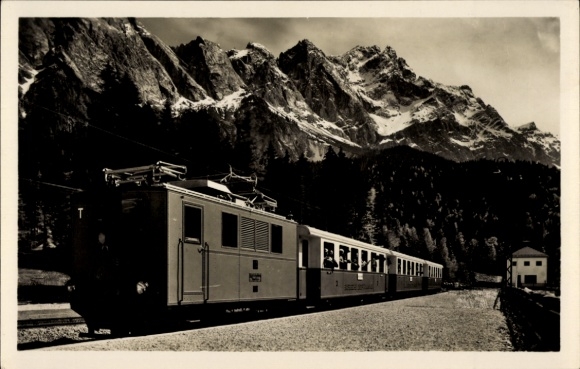 Postcard Bayerische Zugspitzbahn, cogwheel train at Elbsee station