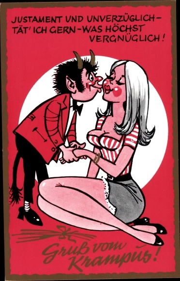 Artysta KP Krampus całuje blondynkę w minispódniczce, nogach i piersiach