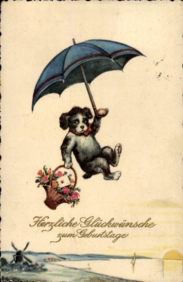 Ak Glückwunsch zum Geburtstag, Hund fliegt mit Regenschirm