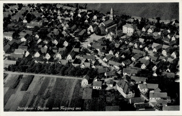 Postcard Bietigheim am Schwarzwald Baden, aerial photograph, residential building, church, landscape