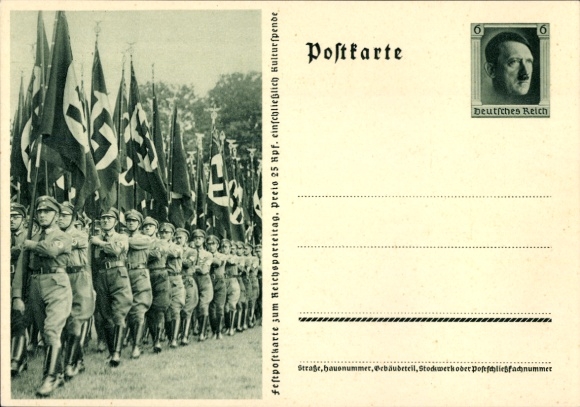 Postal stationery Postcard Nuremberg, Reich Party Rally of the NSDAP 1937, SA men with flags