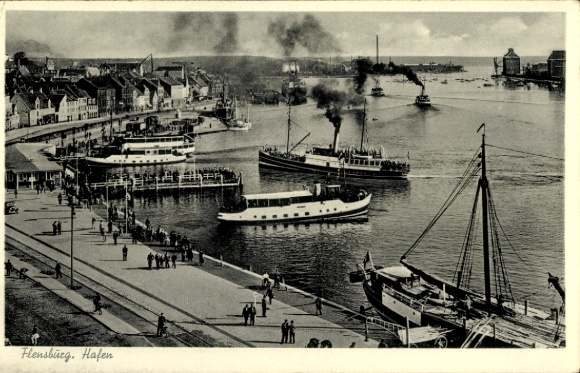 Postcard Flensburg in Schleswig Holstein, harbour, steamer