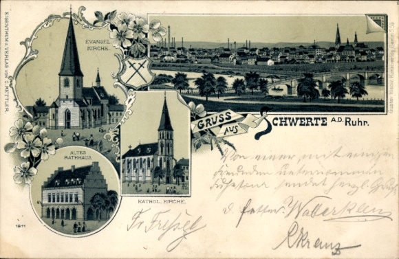 Litho Schwerte an der Ruhr, Gesamtansicht, Altes Rathaus, ev. Kirche, kath. Kirche