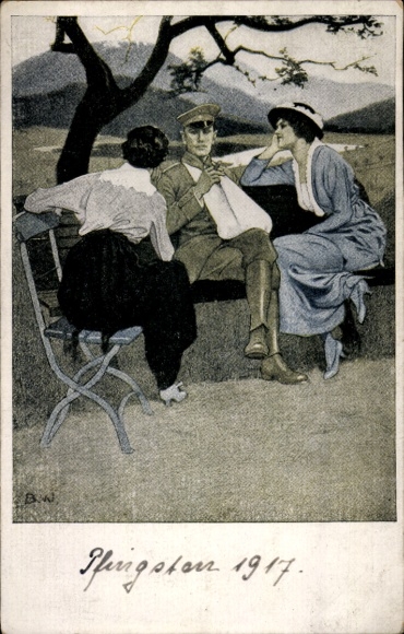 Artist Postcard Wennerberg, Bruno, Home, wounded soldier, two women