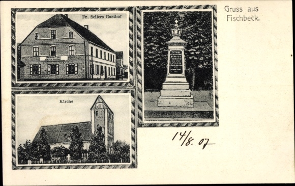 Postcard Wust Fischbeck on the Elbe, monument, church, inn