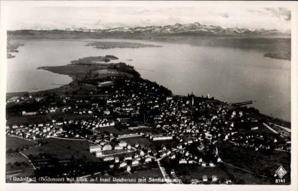Ak Radolfzell aan het Bodenmeer, luchtfoto, eiland Reichenau met Säntis-massief