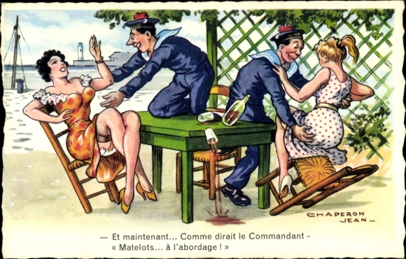Artist Postcard Chaperon, Jean, French Sailors with Young Women