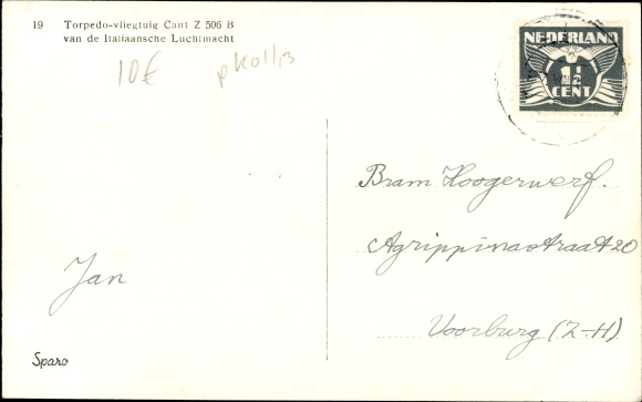 Postcard Italian military aircraft, torpedo vliegentuig, Cant Z 506 B