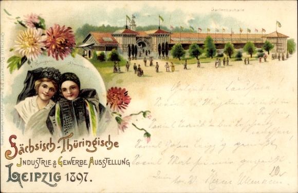 litho Leipzig, Saksische Thüringer Industrie- en Handelstentoonstelling 1897, vrouwen in klederdracht
