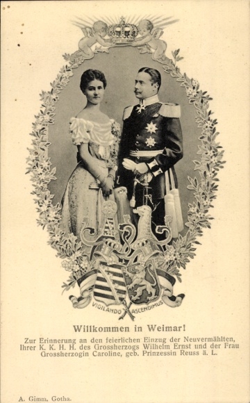Postcard Grand Duke Wilhelm Ernst of Saxony Weimar Eisenach, Princess Caroline Reuss ä.L., coat of arms