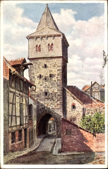 PC Hildesheim in Lower Saxony, Kehrwiedertor, painting by K. Lindegreen