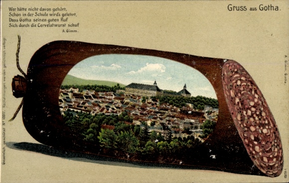 Black pudding Passepartout Chromo-Litho Gotha in the Thuringian Basin, Cervelat sausage, town view