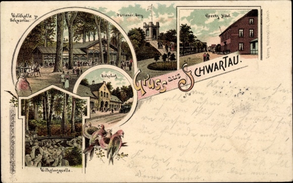 Litho Bad Schwartau in Ostholstein, Geertz Hotel, Waldhalle, Bahnhof, Pariener Berg
