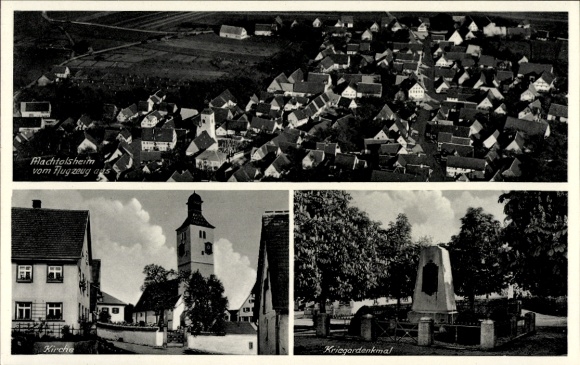 Ak Machtolsheim Laichingen in Württemberg, Luftaufnahme, Kirche, Kriegerdenkmal