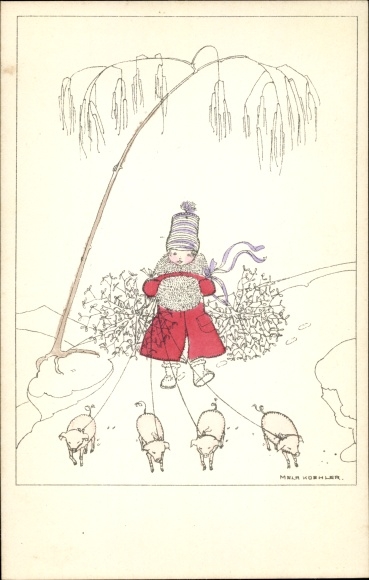Artist PC Köhler, Mela, Happy New Year, girl with pigs, mistletoe