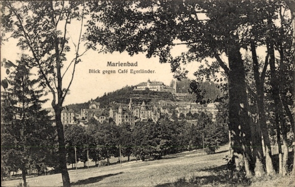 Postcard Mariánské Lázně Marienbad Region Karlovy Vary, view towards Cafe Egerländer