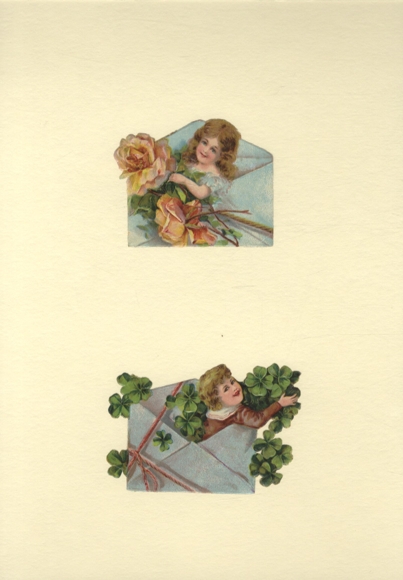 2 Oblaten Kinder schauen aus Briefkuverts, Kleeblätter, Rosen, Größe je ca. 6,5 x 8,5 cm