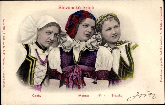 If Slavic costumes, Guilds, Moravia, Siezsko, drei Mädchen in Tracht
