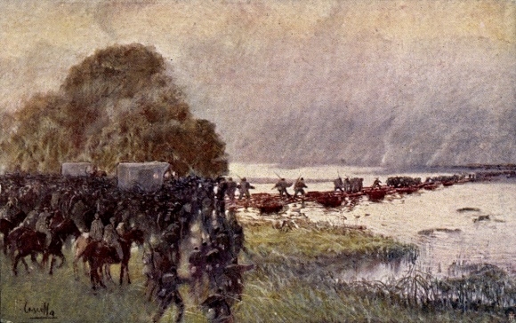 Künstler Ak KuK-Armee, Alpenkrieg, Übergang, Brücke, Soldaten