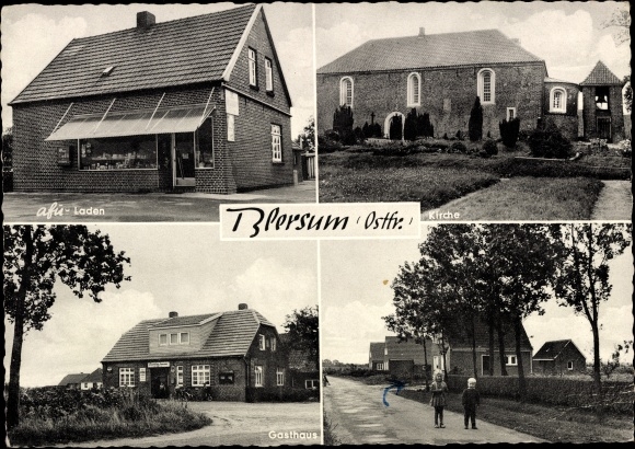 Postcard Blersum Wittmund Lower Saxony, afu shop, church, inn, children