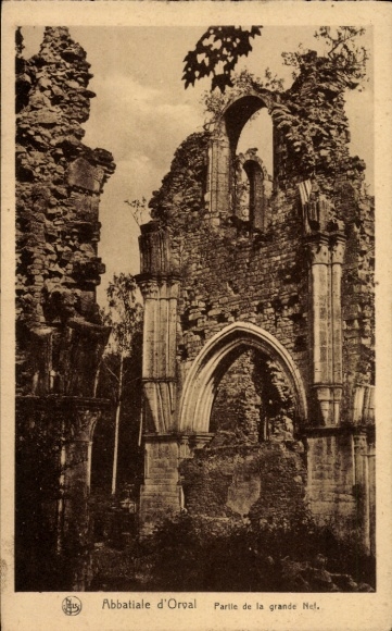 Postcard Orval Florenville Wallonia Luxembourg, ruins of the abbey, Gothic architecture, black and white photo
