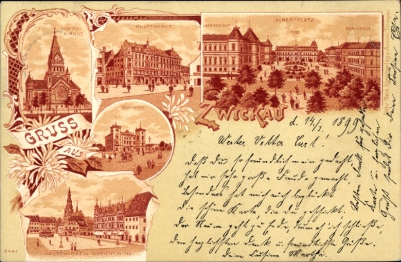 Chromo-Litho Zwickau in Saxony, Moritzkirche, Hauptmarkt, Bahnhof, Albertplatz, Marienkirche, Landgericht