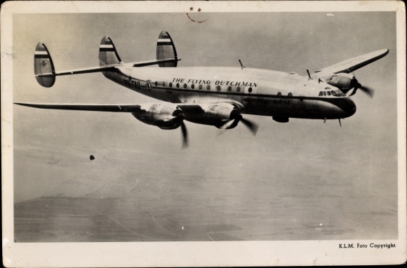 Postcard Dutch passenger plane, The Flying Dutchman, KLM, Lockheed Constellation